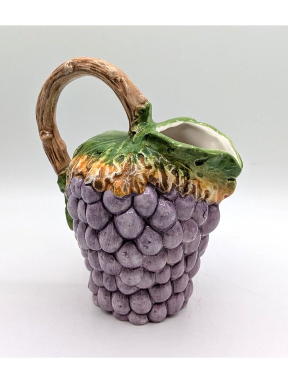 Vintage Di Bassano Grape Pitcher Jug Purple Green Hand Painted Ceramic Italy